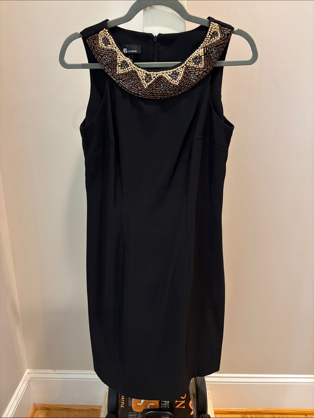 AB Studio Black Mini Dress with Gold & Cream Beaded Collar